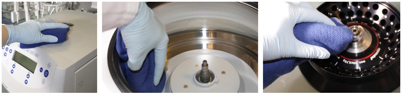 Протрите внешнюю поверхность центрифуги и очистите камеру ротора и сам ротор влажной тканью с нейтральными моющими средствами.